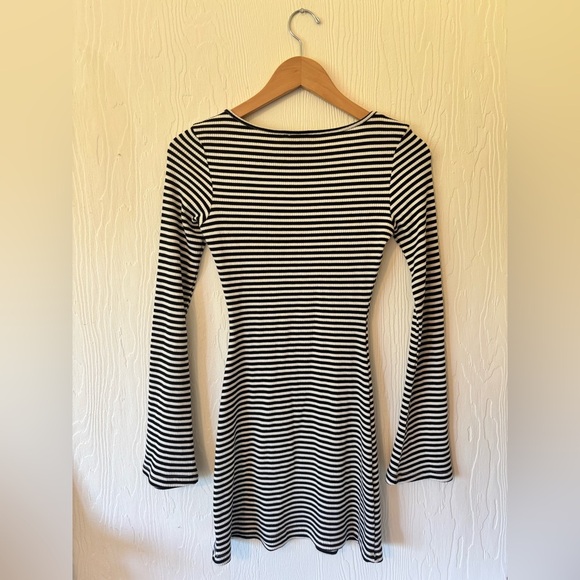 Princess Polly Bryanna Stripe Black White Bell Flare Sleeve Ribbed Mini Dress - Picture 10 of 12